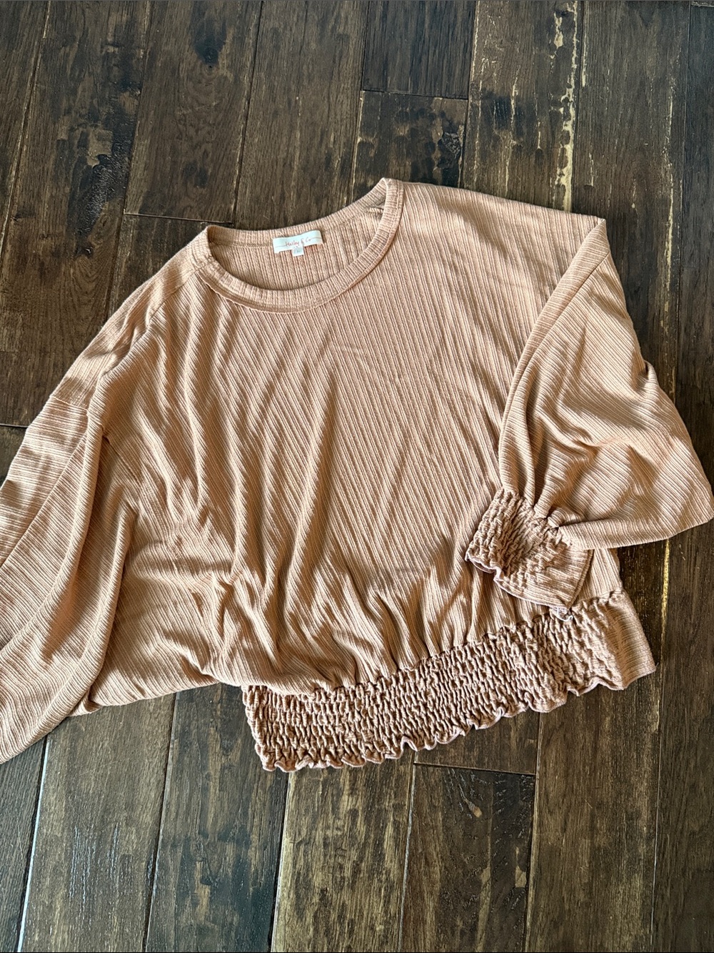 Smocked Hem Ribbed Long Sleeve Top - Taupe